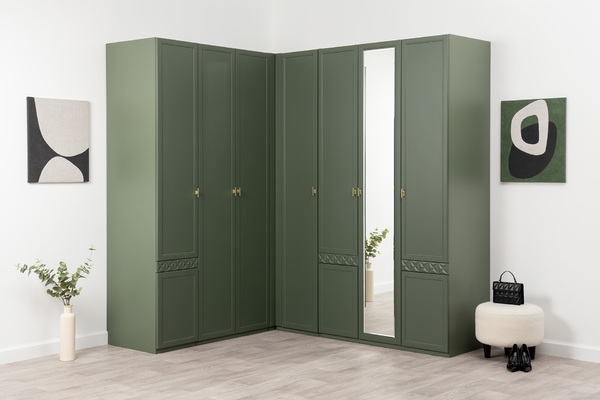 Шкаф угловой Марион 16.339 дымчатый зеленый K521, олива шагрень AG 1050 ПВХ (собирается на любую сторону)