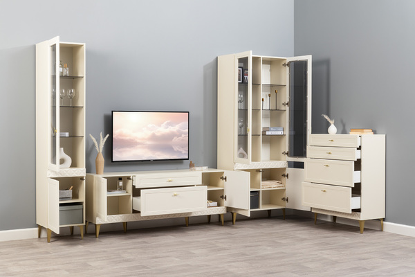 Гостиная Марион композиция 3 слоновая кость С341 PE, слоновая кость 6898 ПВХ, белый PE шагрень (собирается на любую сторону)