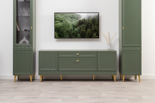 Гостиная Марион композиция 2 дымчатый зеленый K521, олива шагрень AG 1050 ПВХ, белый PE шагрень (собирается на любую сторону)