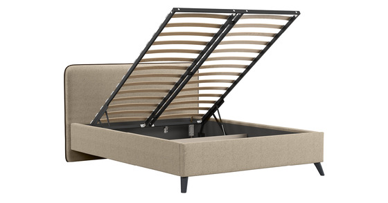 Кровать Миа 140 рогожка бежево-коричневый, кант желтовато-коричневый с ортопедическим основанием и подъемным механизмом