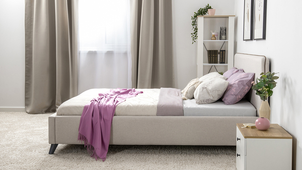 Кровать Миа 160 рогожка светло-бежевый, кант желтовато-коричневый с ортопедическим основанием и подъемным механизмом