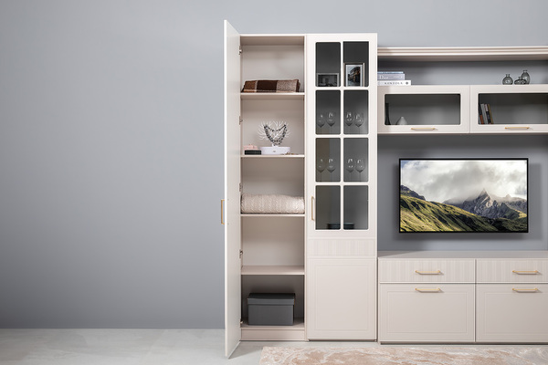 Гостиная Ричфорд композиция 1 без карнизов, кашемир 5981 BS, моно керамика D166-2 ПВХ, белый PE шагрень (собирается на любую сторону)