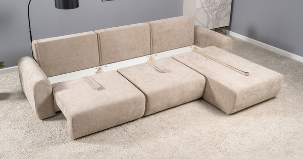Диван-кровать угловой Тэдди 1502 композиция 3, букле Pique 006 бежевый, модульная система, сборка на любую сторону
